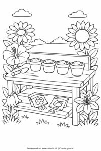 garden potting table with flowers coloring page featuring pots, seeds, and large blooms coloring page