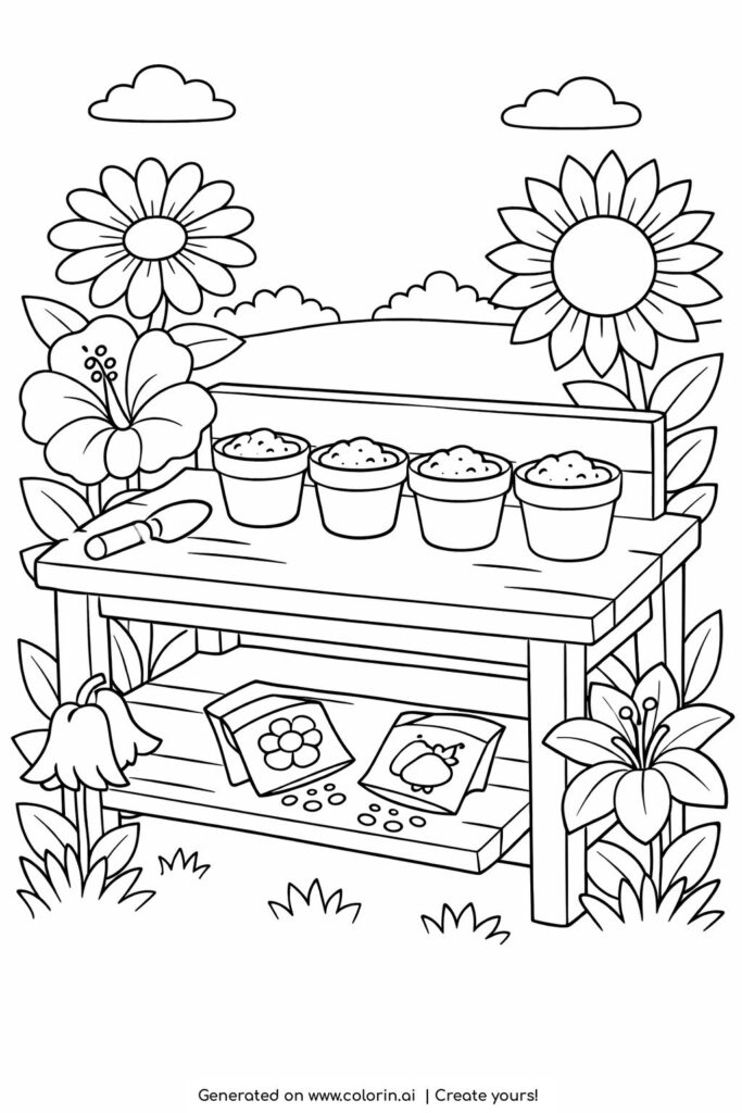 garden potting table with flowers coloring page featuring pots, seeds, and large blooms coloring page