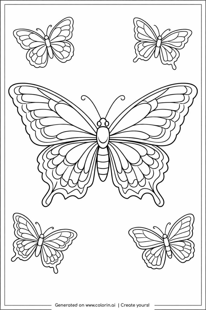 giant butterfly surrounded by four butterflies coloring page with symmetrical wing patterns coloring page