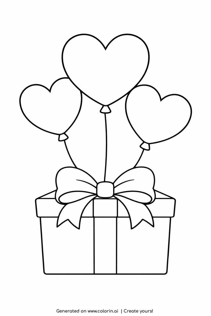 gift box with heart balloons coloring page showing a large present with a bow and floating heart balloons coloring page