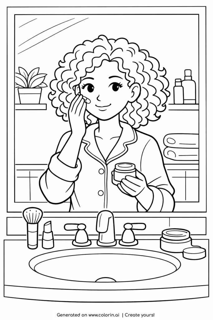 girl applying face cream mirror coloring page showing a cozy bathroom scene with skincare items coloring page
