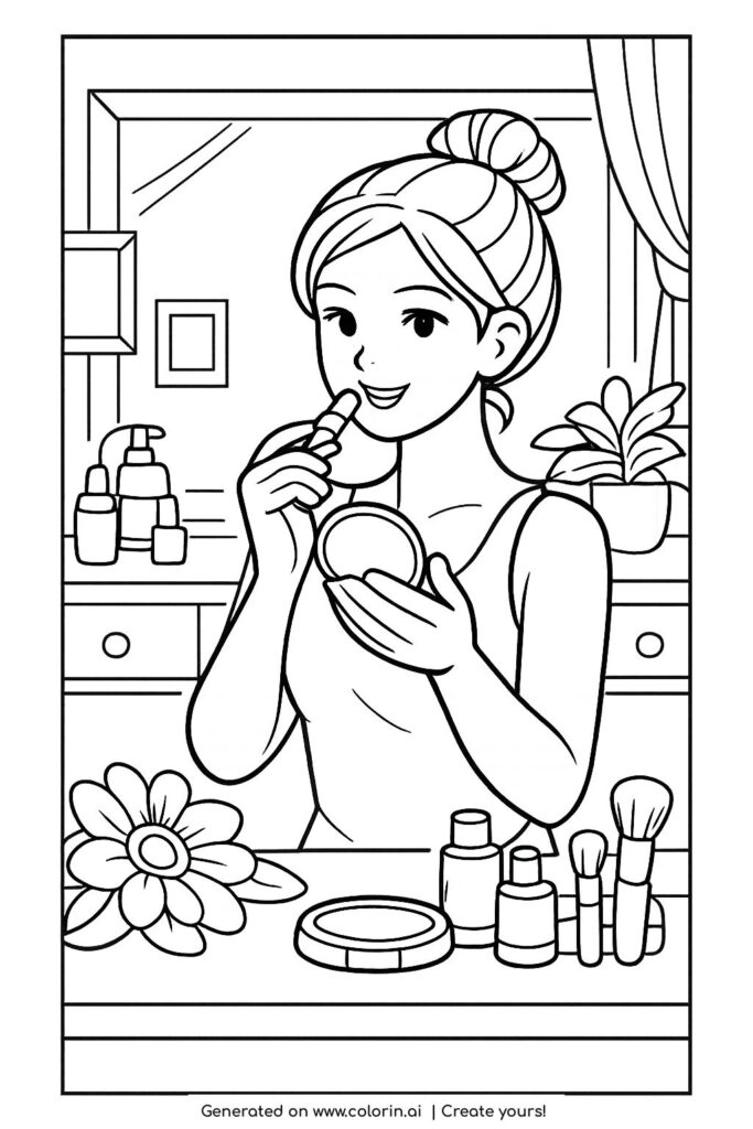 girl applying lipstick at vanity coloring page showing a smiling girl at a makeup table coloring page