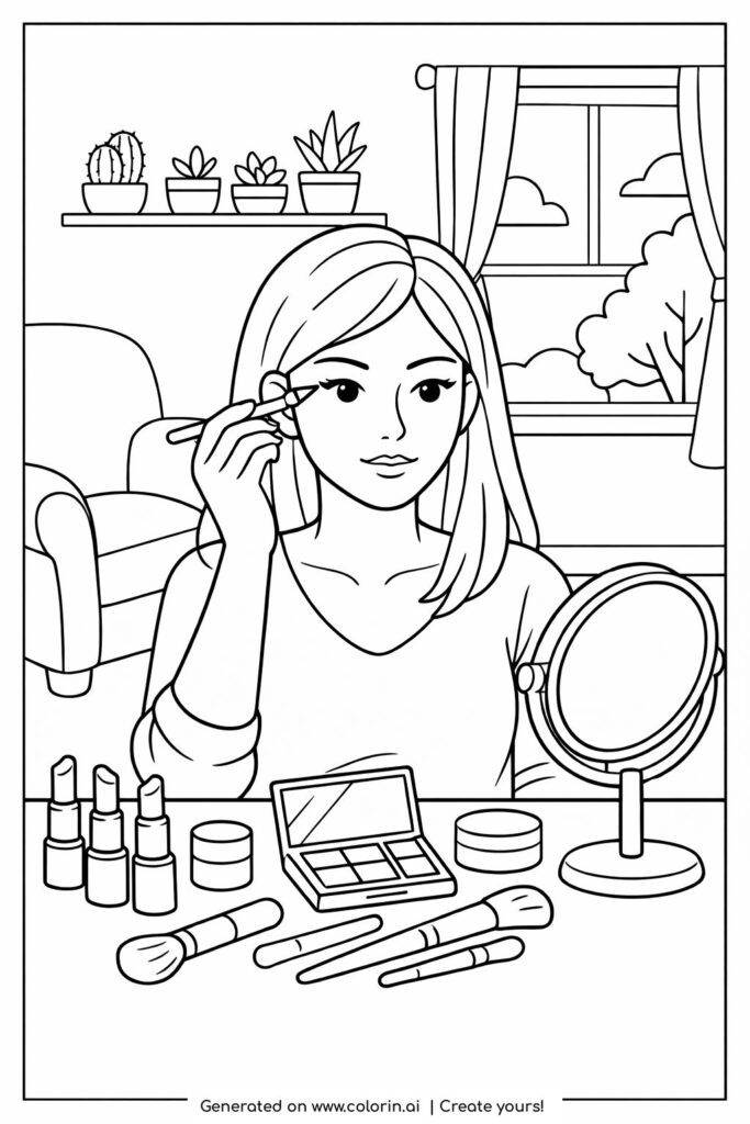 girl applying makeup at vanity coloring page showing a focused girl with beauty tools at a mirror coloring page