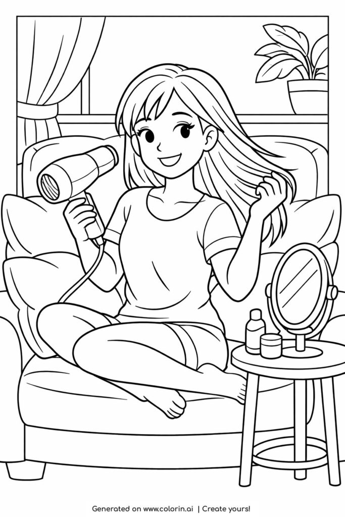 girl blow drying hair coloring page with a young girl sitting comfortably and styling her hair at home coloring page