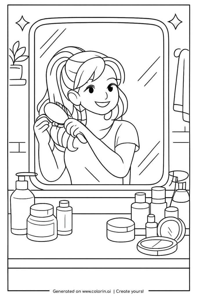 girl brushing hair at vanity mirror coloring page with a smiling girl and beauty items on a vanity coloring page