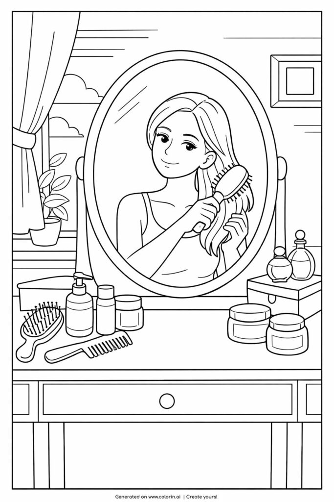 girl brushing hair at vanity mirror coloring page showing a calm self care scene with beauty items coloring page