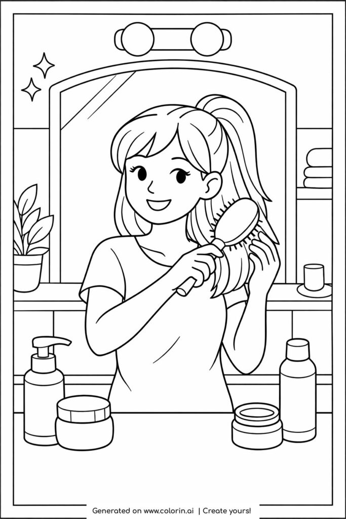 girl brushing hair in mirror coloring page showing a smiling girl brushing her hair at a vanity with beauty items coloring page