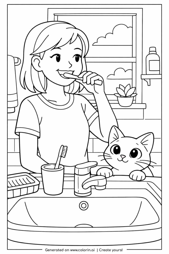 girl brushing teeth with cat coloring page showing a smiling girl at the sink with a curious cat in the bathroom coloring page
