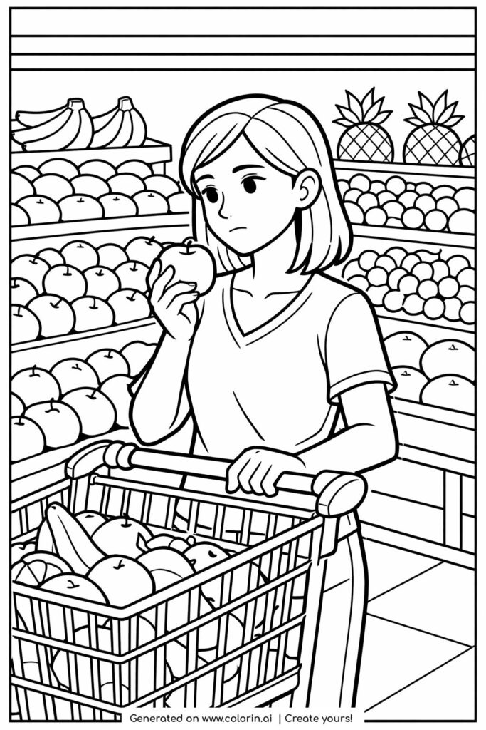 girl choosing apple at store coloring page of a young girl in a grocery aisle with fruit shelves coloring page