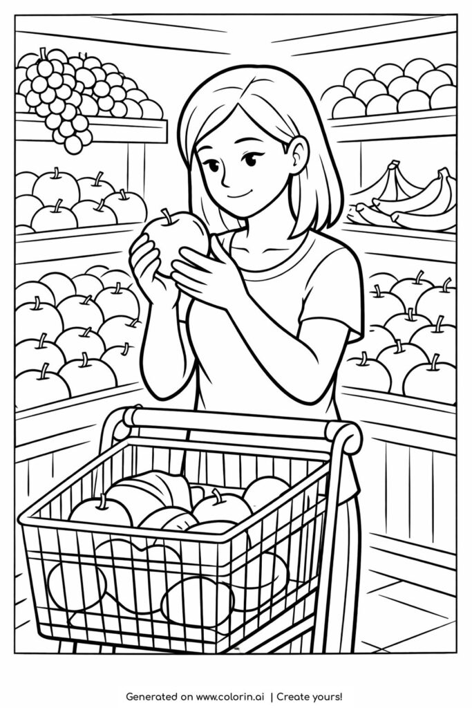 girl choosing fruit in supermarket coloring page with a young girl holding an apple in a grocery aisle coloring page