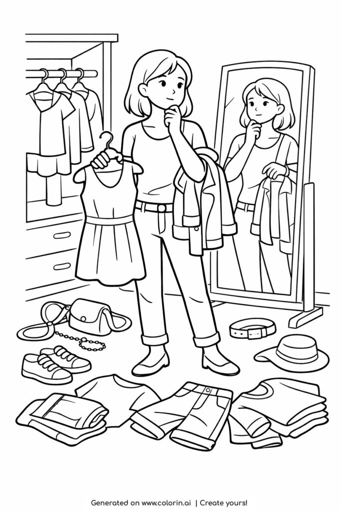 girl choosing outfit in bedroom coloring page showing a girl holding a dress near a mirror coloring page