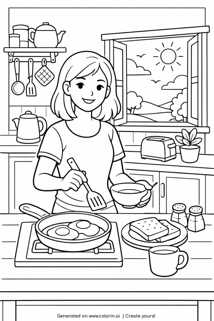 girl cooking breakfast in cozy kitchen coloring page showing a smiling girl frying eggs at home coloring page