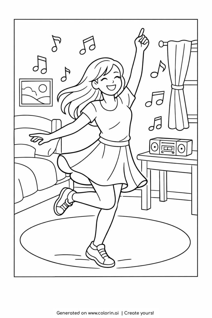 girl dancing to music in bedroom coloring page showing a happy girl dancing with musical notes in her room coloring page