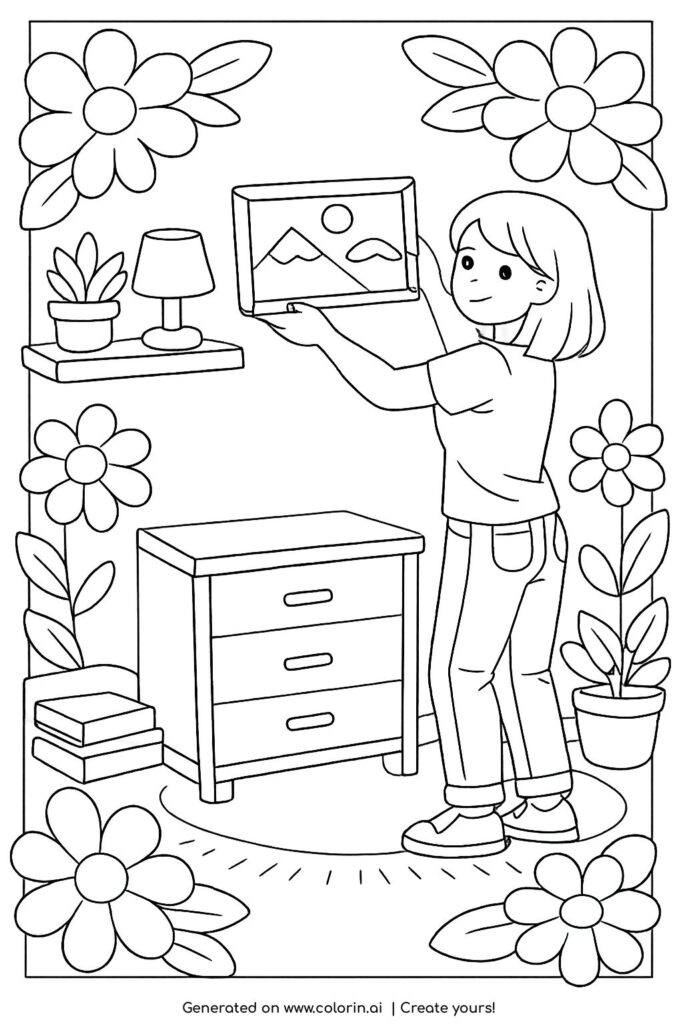 girl decorating her room coloring page with wall art flowers and cozy bedroom decor coloring page