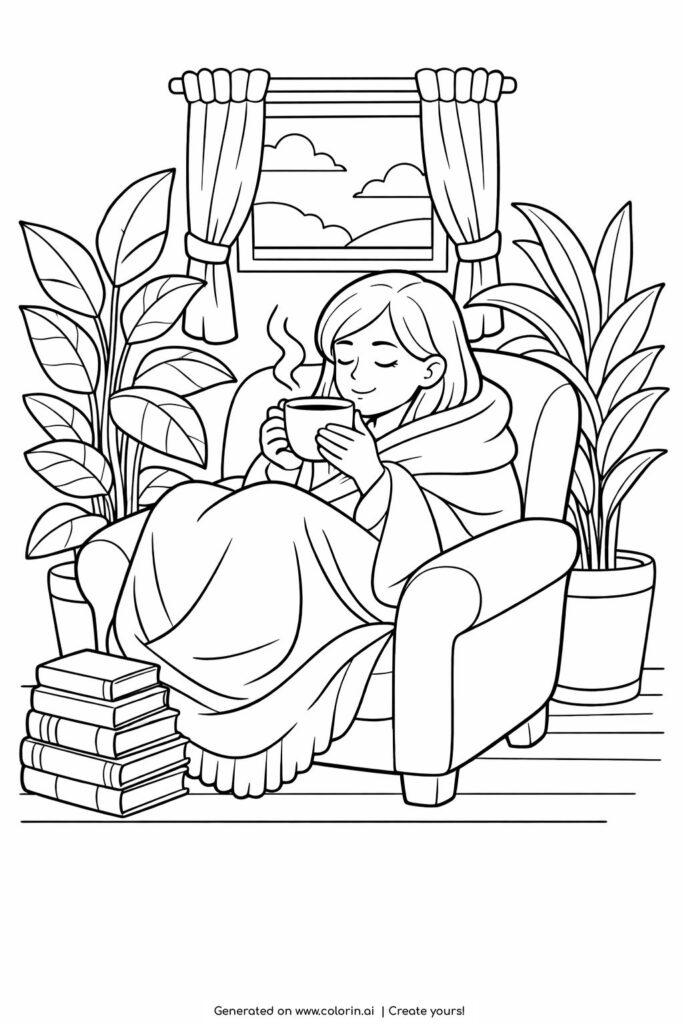 girl drinking tea in cozy armchair coloring page with plants blanket and peaceful indoor scene coloring page