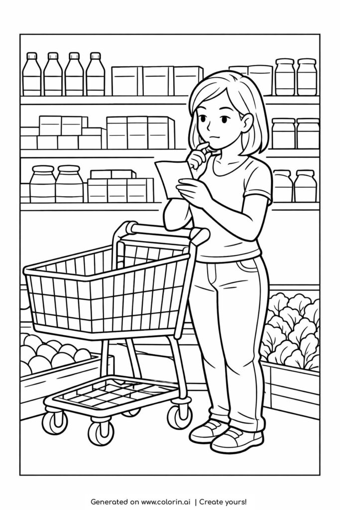 girl grocery shopping with list coloring page showing a girl with a cart and checklist in a store aisle coloring page