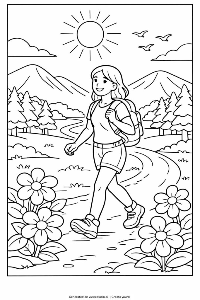 girl hiking on sunny trail coloring page featuring a smiling girl walking with a backpack in nature coloring page