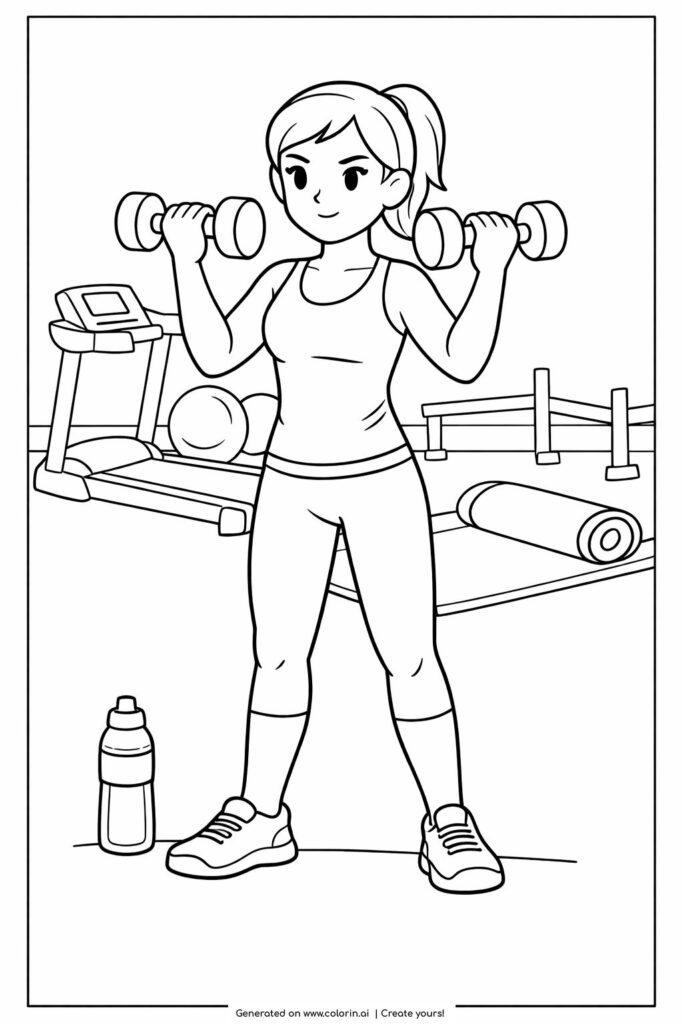 girl lifting dumbbells at gym coloring page showing a confident workout scene with fitness equipment coloring page
