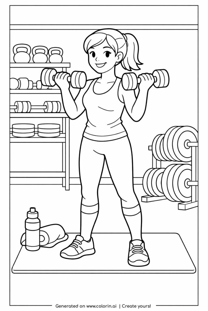 girl lifting dumbbells in gym coloring page with a smiling girl holding weights on a workout mat coloring page