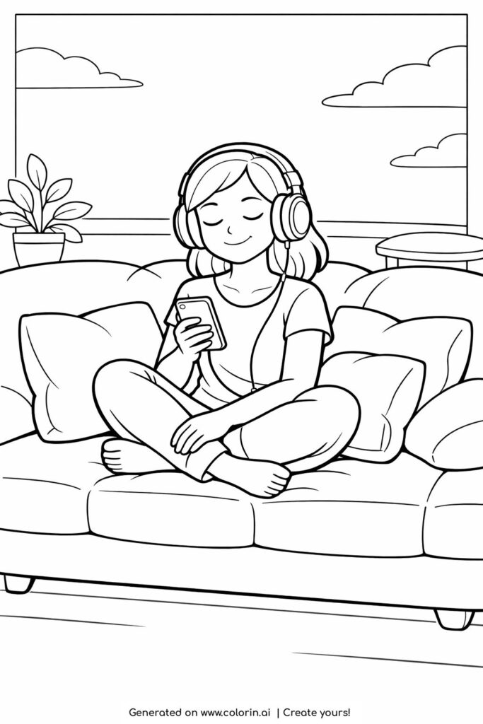 girl listening to music couch coloring page showing a relaxed girl with headphones on a sofa coloring page