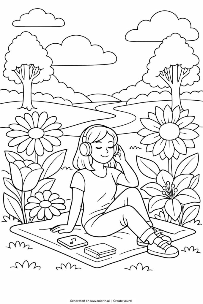 girl listening to music outdoors coloring page showing a girl sitting on a mat with headphones in a peaceful nature scene coloring page