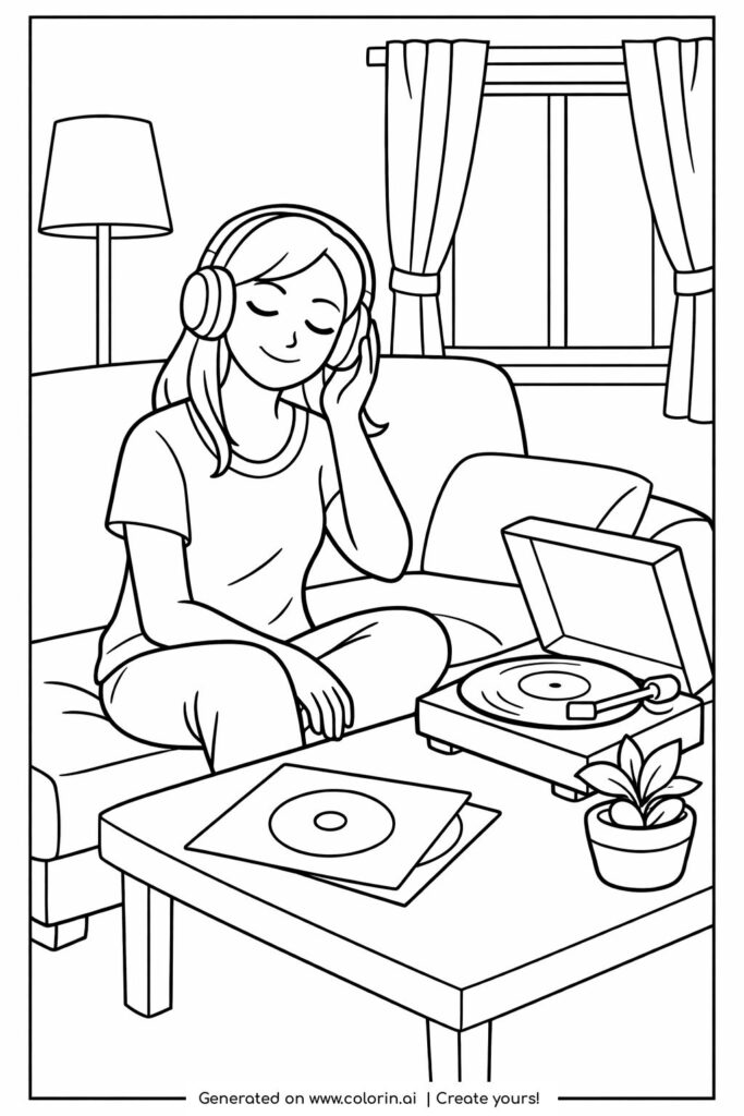 girl listening to vinyl music coloring page with headphones on a sofa and a record player in a cozy living room coloring page