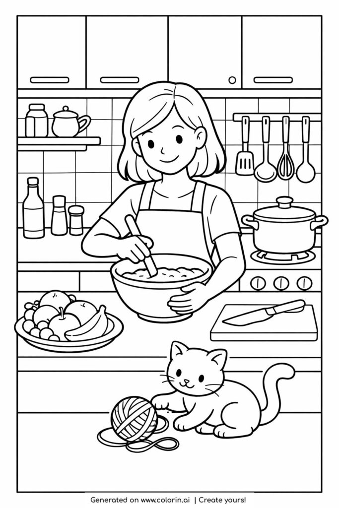 girl mixing batter in kitchen coloring page with a bowl, utensils, and a playful cat coloring page
