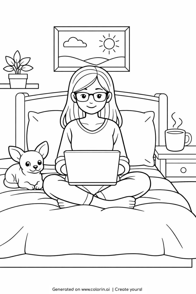 girl on laptop in bed coloring page showing a cozy bedroom scene with a girl, a laptop, and a small dog coloring page