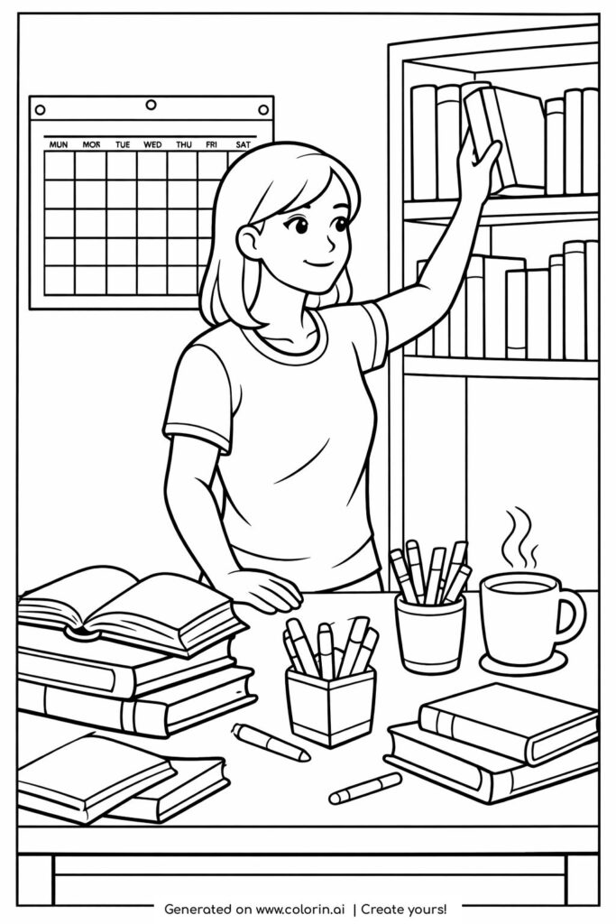 girl organizing desk with books coloring page showing a tidy study space with books coffee and calendar coloring page