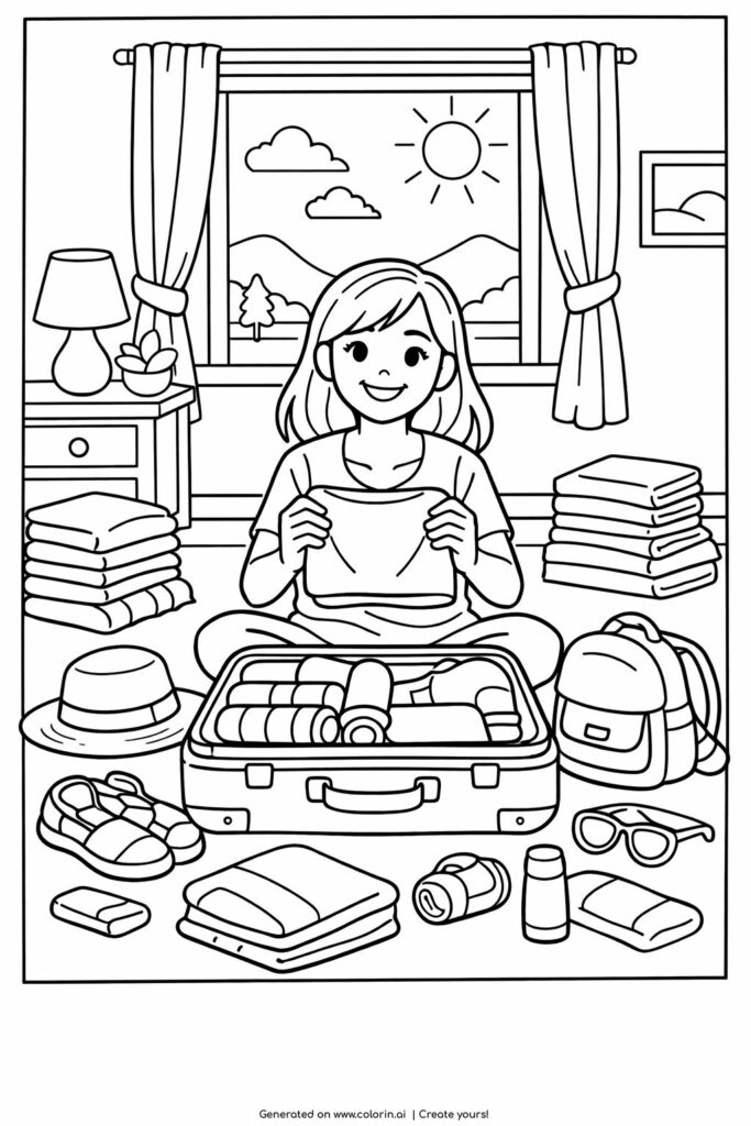 girl packing suitcase at home coloring page showing travel items clothes and a happy indoor scene coloring page