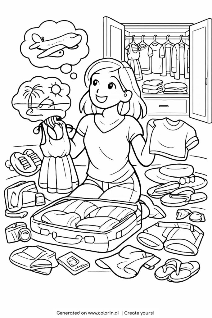 girl packing suitcase for trip coloring page showing a happy girl choosing clothes with an open suitcase coloring page