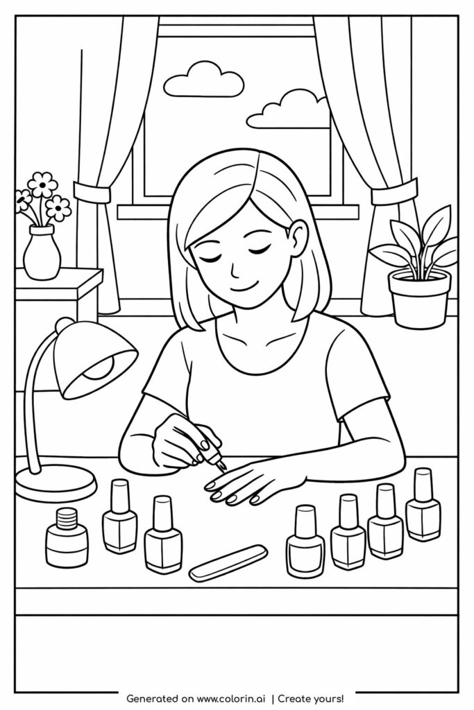 girl painting nails at cozy desk coloring page showing a calm manicure scene at home coloring page