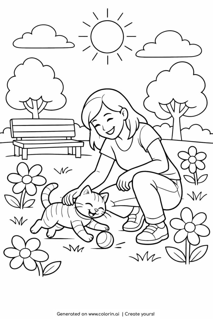 girl petting cat in park coloring page with flowers, a bench, clouds, and a sunny sky coloring page