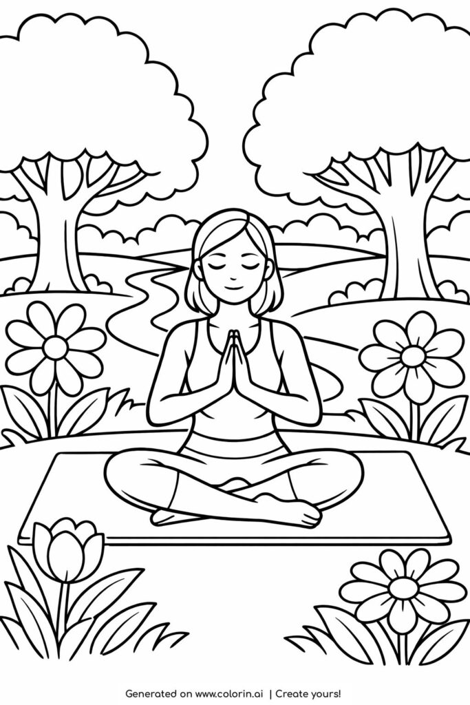 girl practicing yoga meditation outdoors coloring page showing a calm yoga pose in nature coloring page