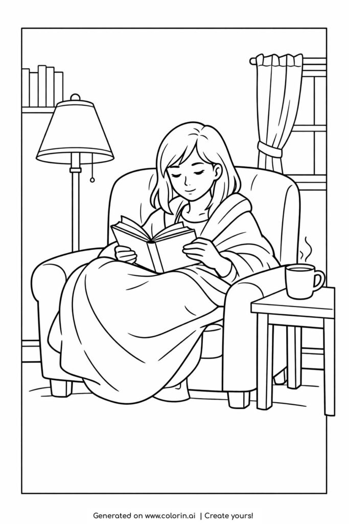 girl reading a book in cozy armchair coloring page showing a calm reading scene at home coloring page