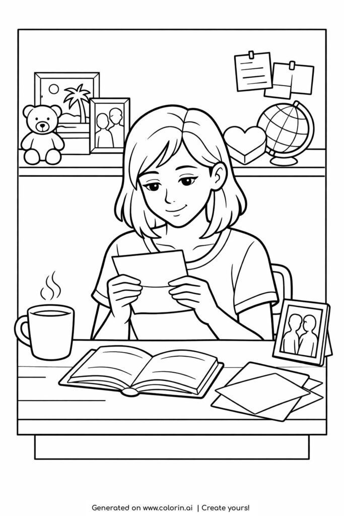 girl reading a letter at desk coloring page with a cozy study scene, books, photos, and warm details coloring page