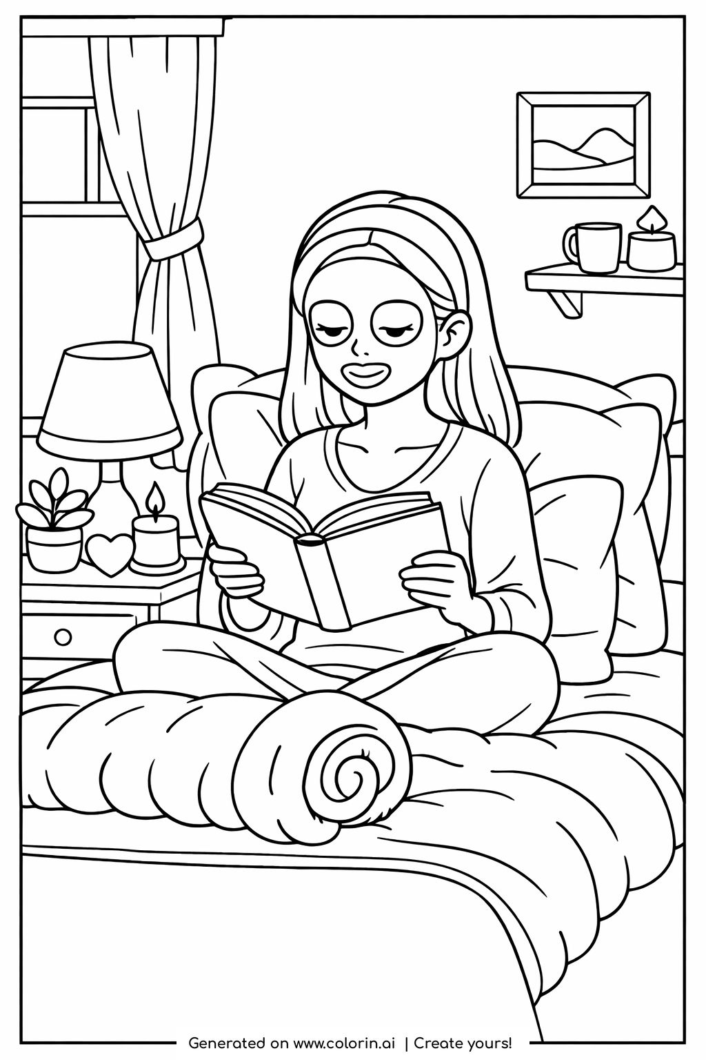 girl reading book in bed coloring page with a cozy bedroom, soft pillows, and calm evening atmosphere coloring page