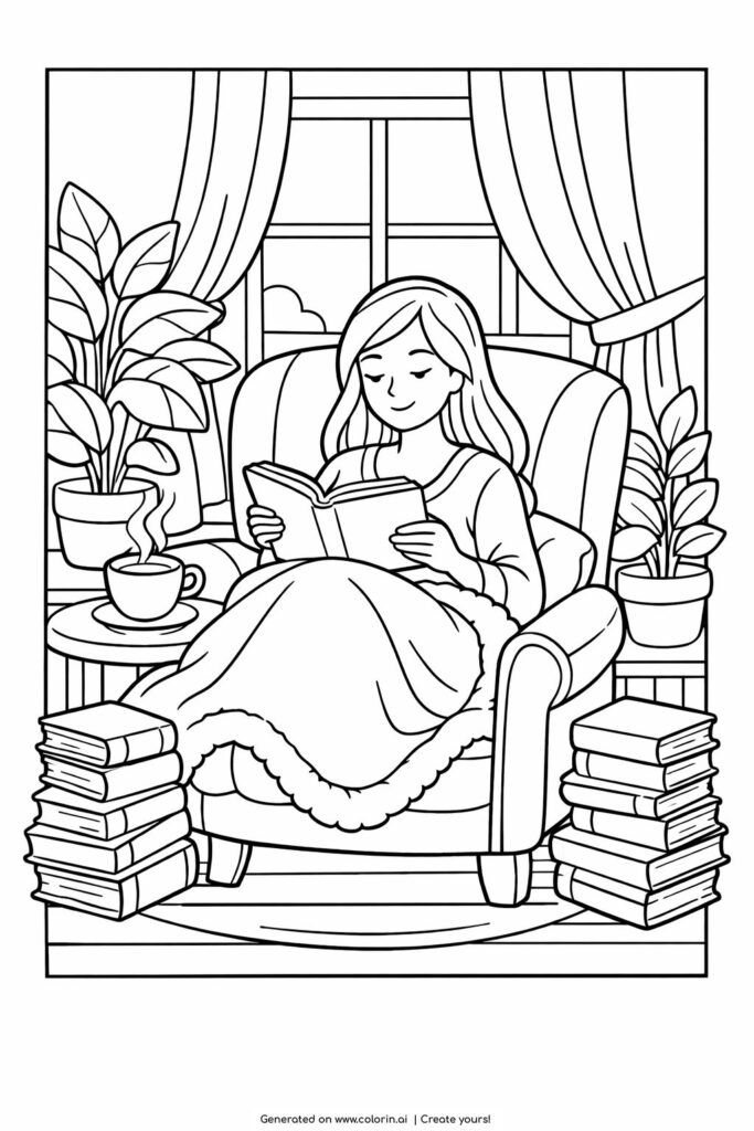 girl reading by window armchair coloring page with steaming tea, plants, and book stacks coloring page