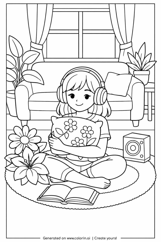 girl reading with headphones at home coloring page showing a cozy room with books and plants