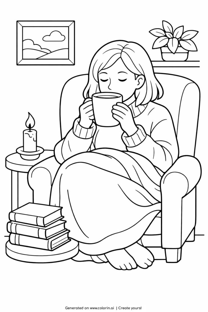 girl relaxing in armchair coloring page showing a cozy scene with a warm drink and blanket coloring page