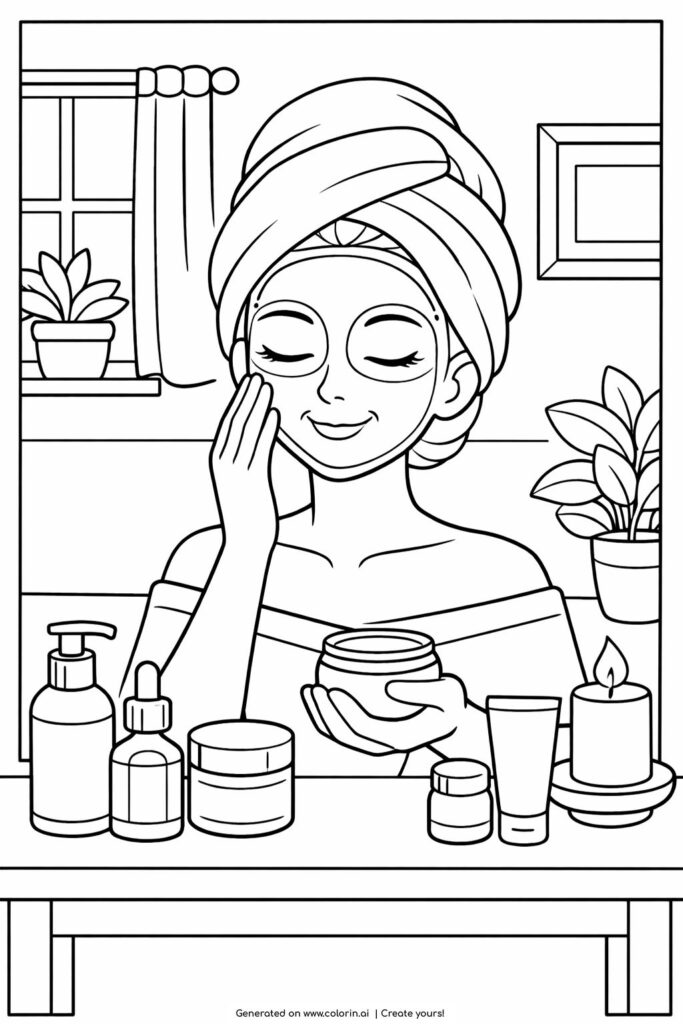 girl self care skincare routine coloring page showing a girl applying face cream at a vanity with candles and plants coloring page
