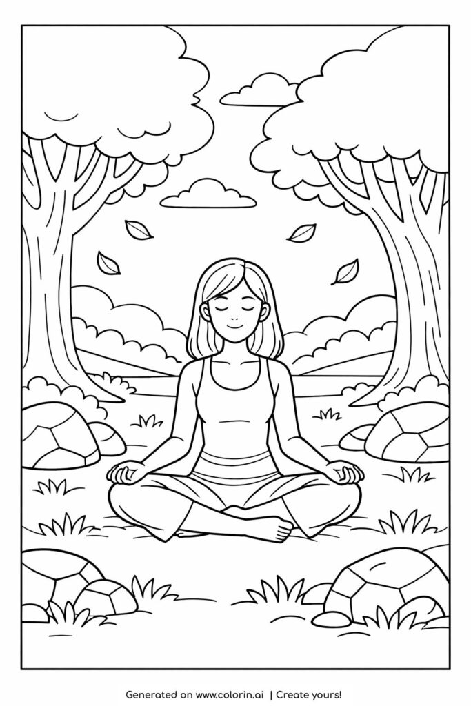 girl sitting in peaceful meditation coloring page showing a calm girl meditating outdoors among trees coloring page