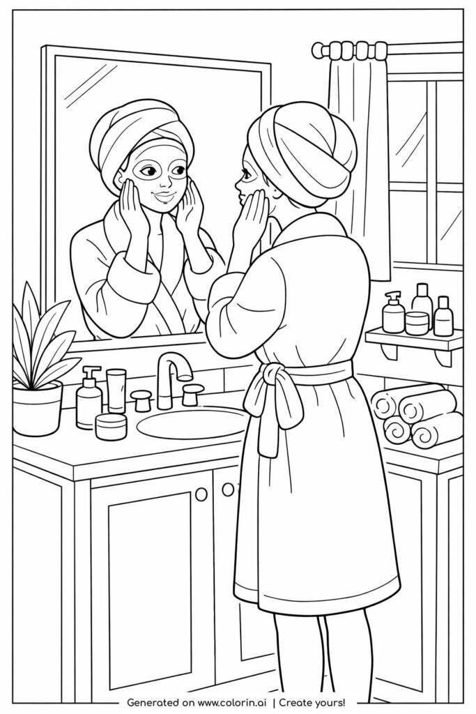 girl skincare routine bathroom mirror coloring page showing a girl in a bathrobe applying cream at a sink coloring page