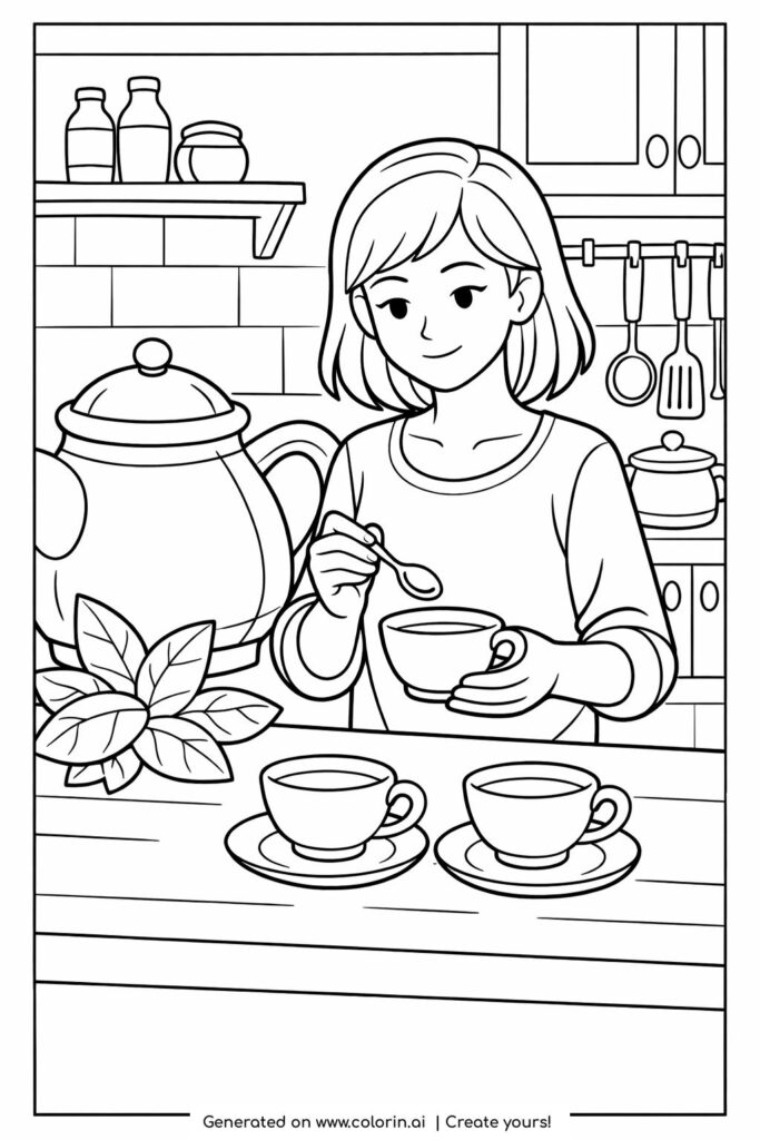 girl stirring tea in kitchen coloring page showing a cozy scene with teacups and a teapot coloring page