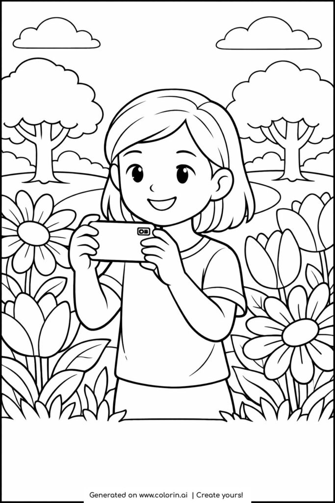 girl taking photos in park coloring page of a smiling child holding a phone among flowers