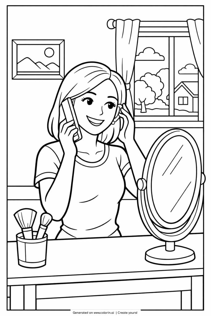 girl self care skincare routine coloring page showing a girl applying face cream at a vanity with candles and plants coloring page