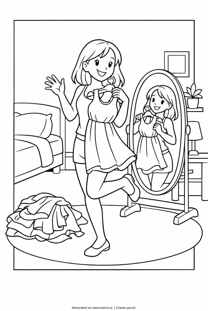 girl trying on dress mirror coloring page showing a smiling girl holding a dress in front of a mirror coloring page