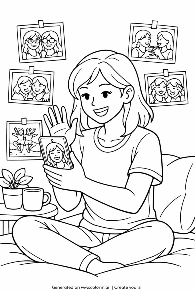 girl video calling friends at home coloring page with a smiling girl holding a phone in a cozy room coloring page
