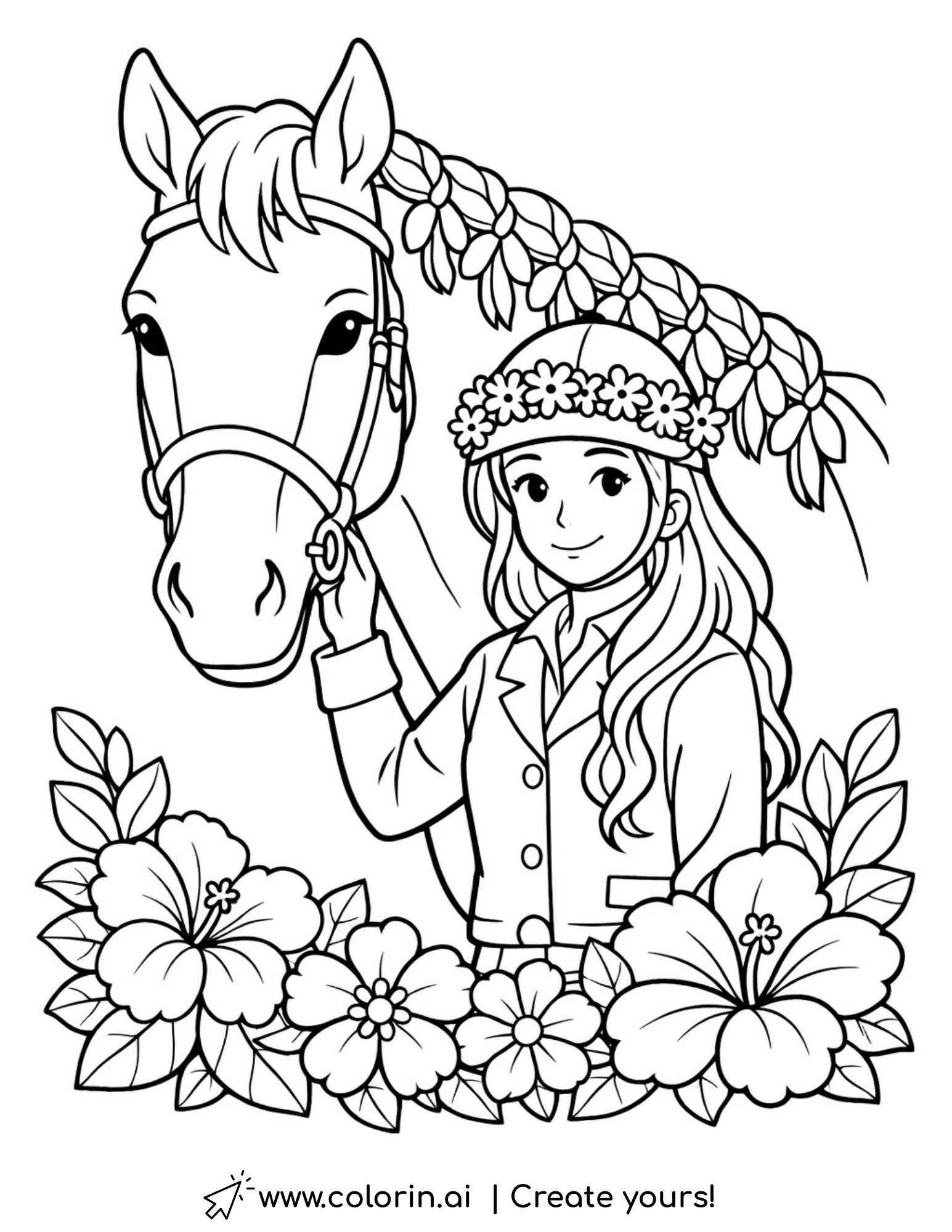 girl with flower crown beside horse coloring page floral portrait illustration coloring page
