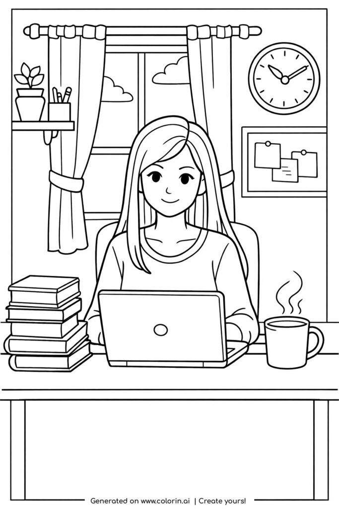girl working on laptop desk coloring page showing a girl at a desk with books, a mug, and a window coloring page